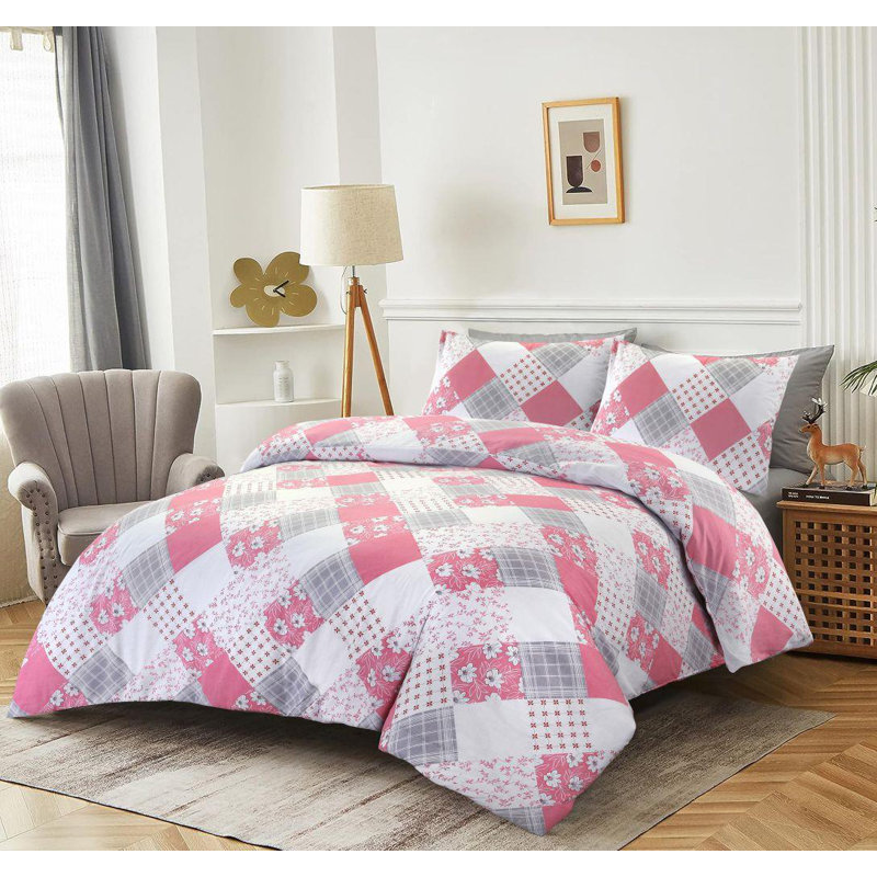 Cotton Blend Floral Duvet Cover Set with Pillowcases, King Duvet Cover + 2 Standard Pillowcases, Pink