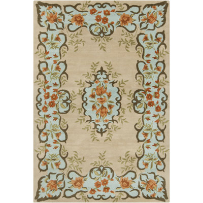 Mccalla Authentic Hand-Tufted Handmade Beige, Cream, Blue, Orange, Green & Brown Floral Damask Oriental Wool Area Rug