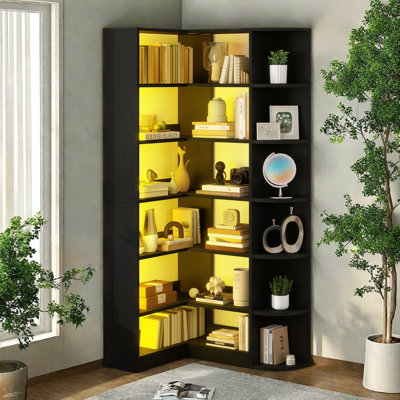 L-Shaped Corner Bookshelf With LED Light, 6 Tier Storage Display Rack