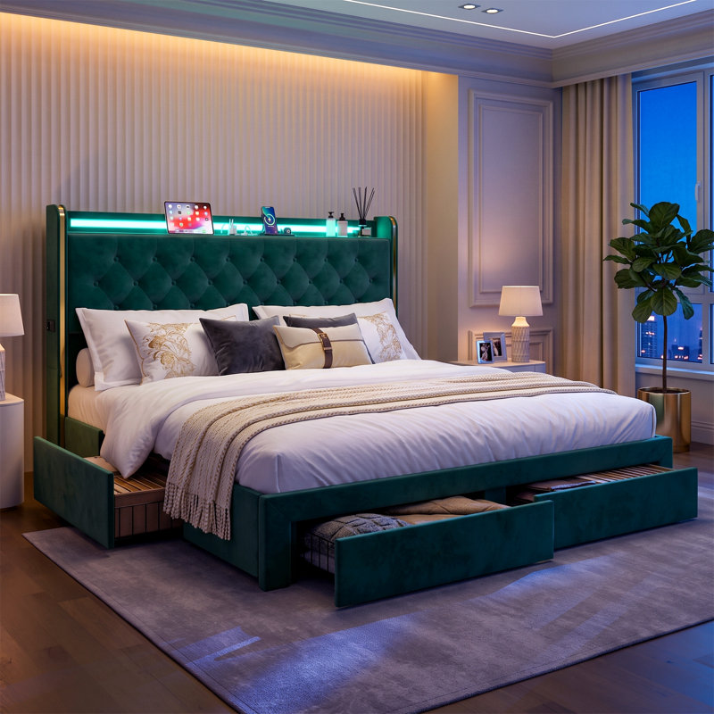 Base de lit très grand californien avec tête de lit à rangement et 4 tiroirs, lit plateforme très grand en velours de 49,2 po avec tête de lit à oreilles Cal, tête à DEL et station de charge, sans sommier, lattes en bois massif, silencieux, vert