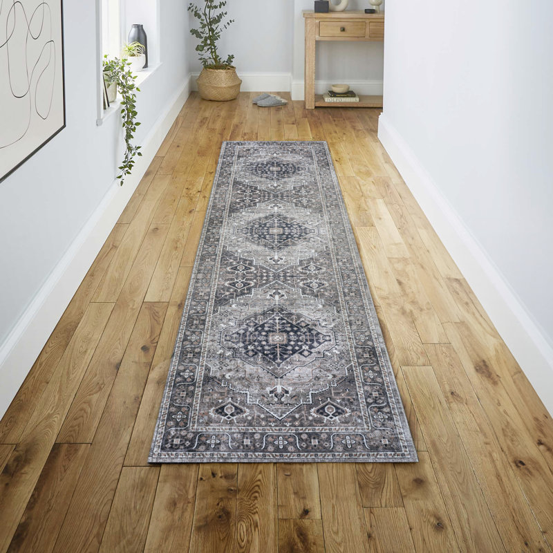 Alacati Ogee Medallion Machine-Washable Dark Gray/Light Gray Rug, Runner 2' x 8'