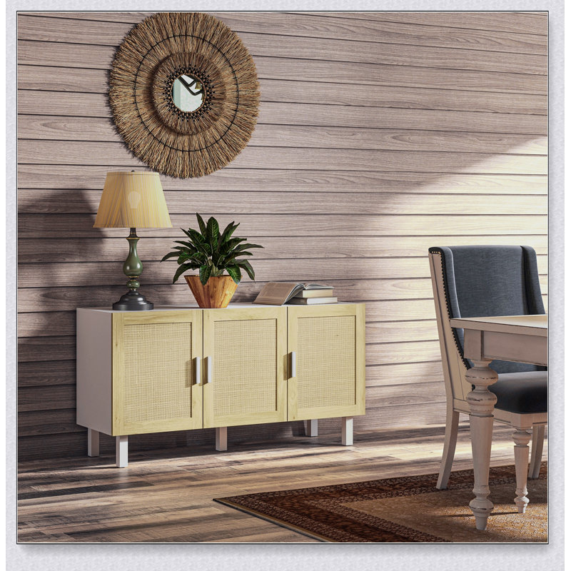 Buffet mixte 3 portes en rotin, Blanc/naturel