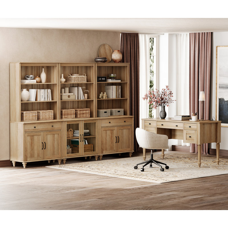 Ensemble de bureau 2 pièces, bureau double 56 po, bibliothèques avec 6 tiroirs et 2 portes vitrées, chêne