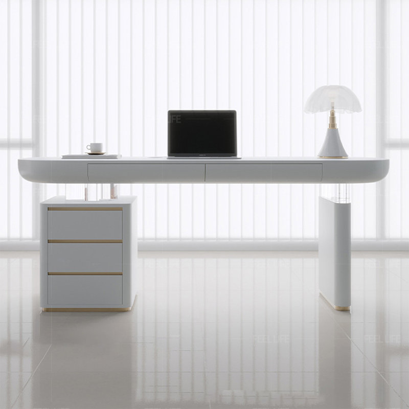 Bureau blanc rectangulaire en bois manufacturé avec 5 tiroirs, H 29,53 po x l 62,99 po x P 23,62 po