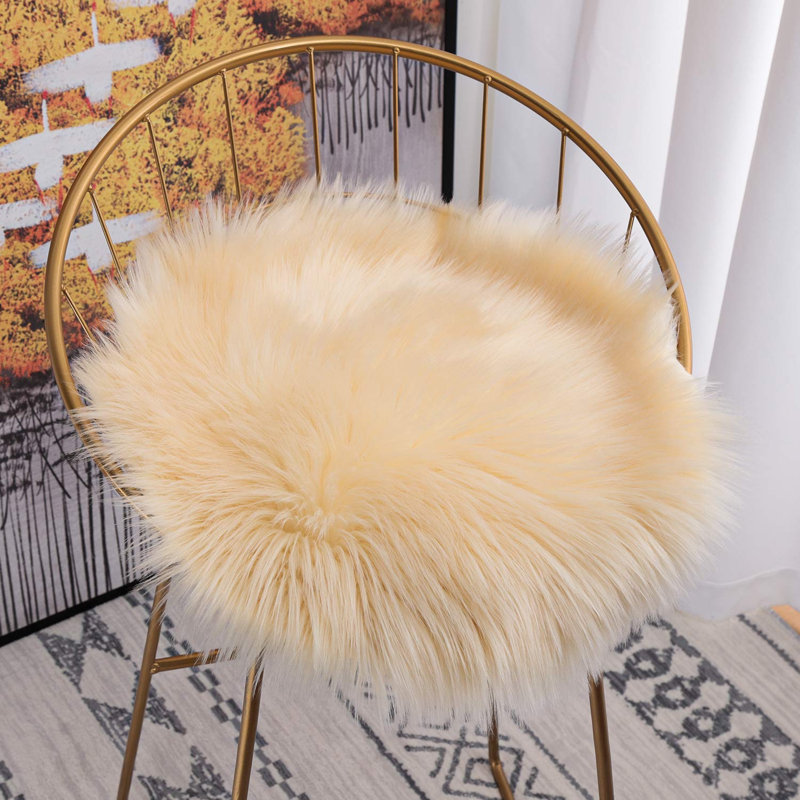 Cream Yellow Shag Faux Sheepskin Fluffy Washable Area Rug, Round 5'