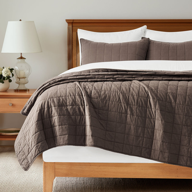 100% Cotton Box Stitch Quilt Set, Queen Quilt + 2 Queen Shams, Cocoa Brown