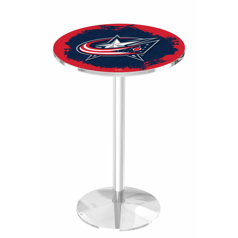 NHL Round Metal Base Dining Table, Chrome, Columbus Blue Jackets