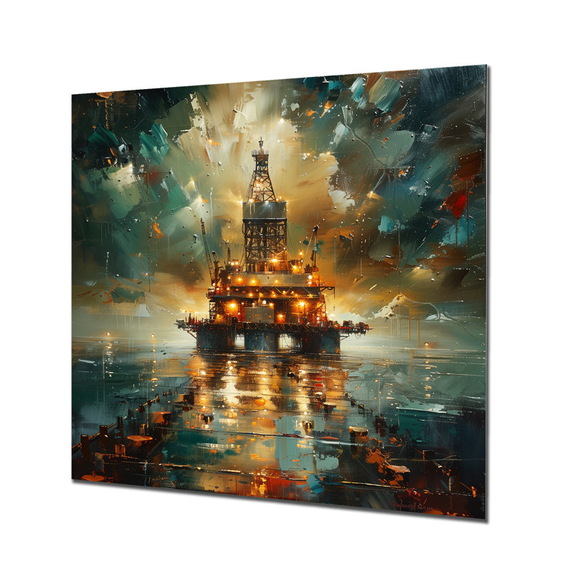 Décoration murale verte et noire «Oil Offshore Drill», Métal métal, H 16 po x l 16 po x P 1 po