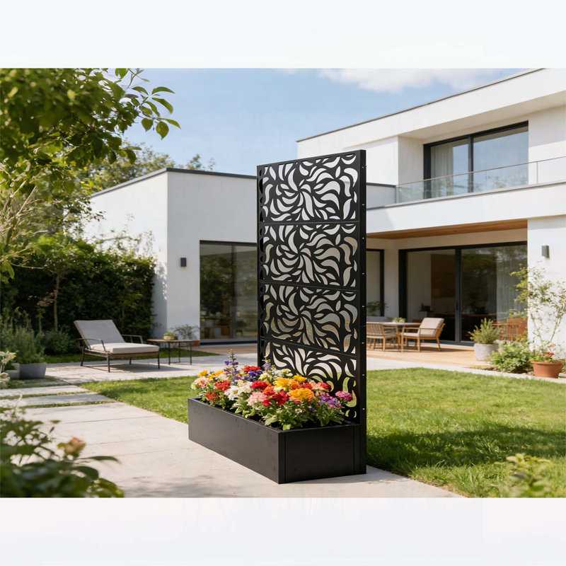 Freestanding Leaf Pattern Privacy Screen with Planter Box, Durable Metal Decor for Patio and Balcony