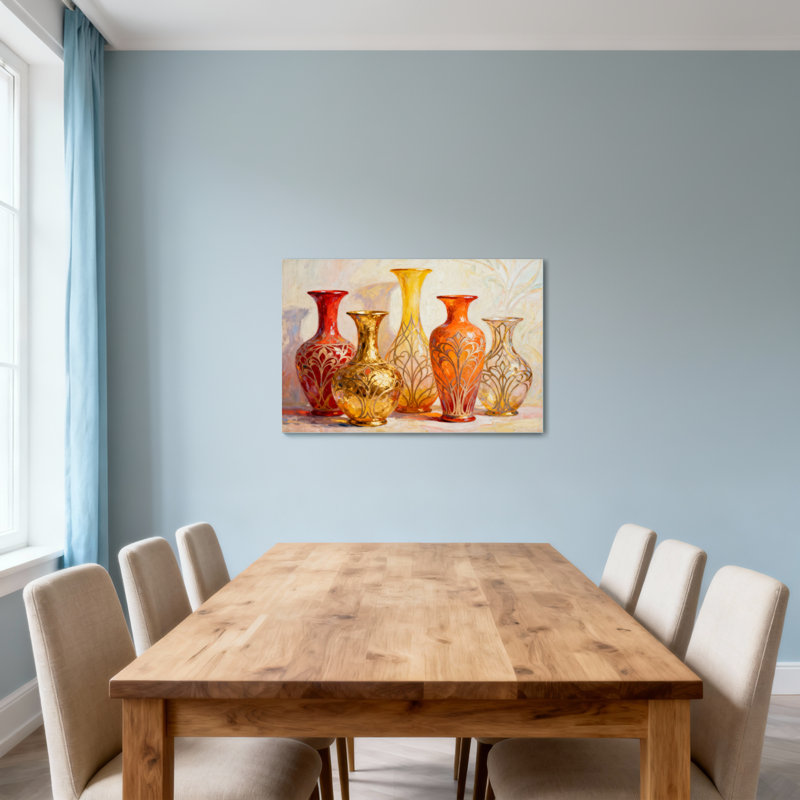 Vases colorés à la mode avec des motifs ornés et des tons chauds, H 16 po x l 24 po