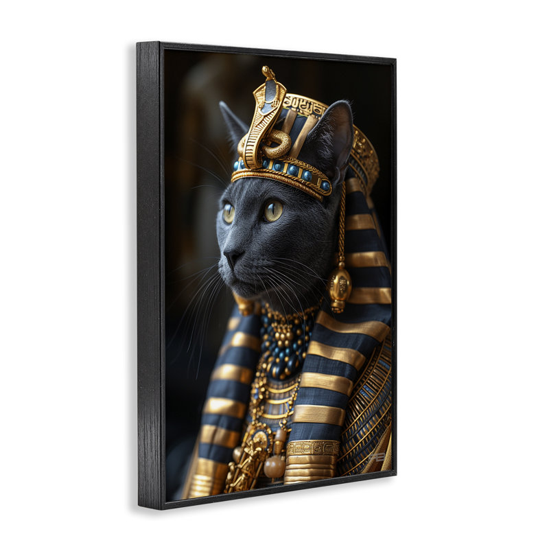 Egyptian Pharaoh Cat Giclee Art by Roozbeh Bahramali, 18" H x 12" W, Midnight Black Framed Giclee