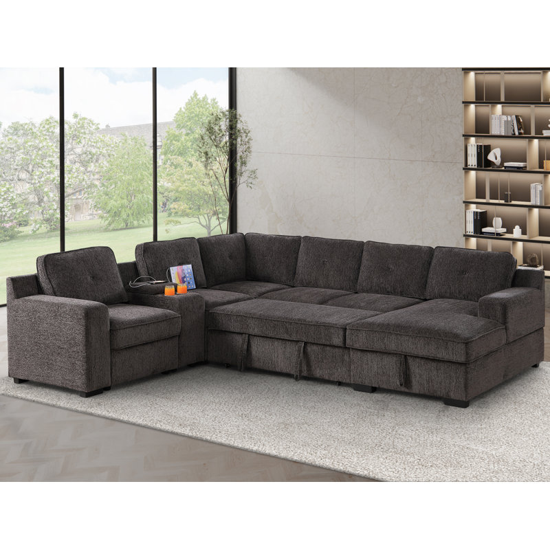 U-Shaped Upholstered Sectional with Sleeper Sofa, Console with USB & Chaise, Brown Chenille