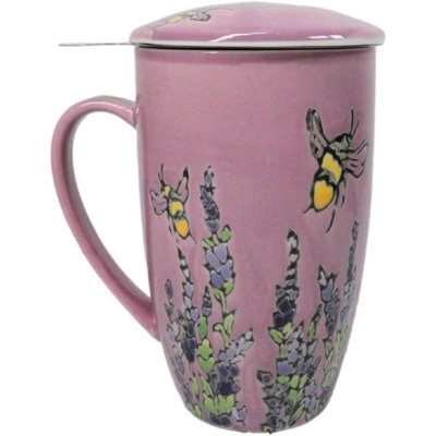 Pink Spring Honeybee 15Oz Porcelain Tea Mug With Lid And Stainless Steel Infuser