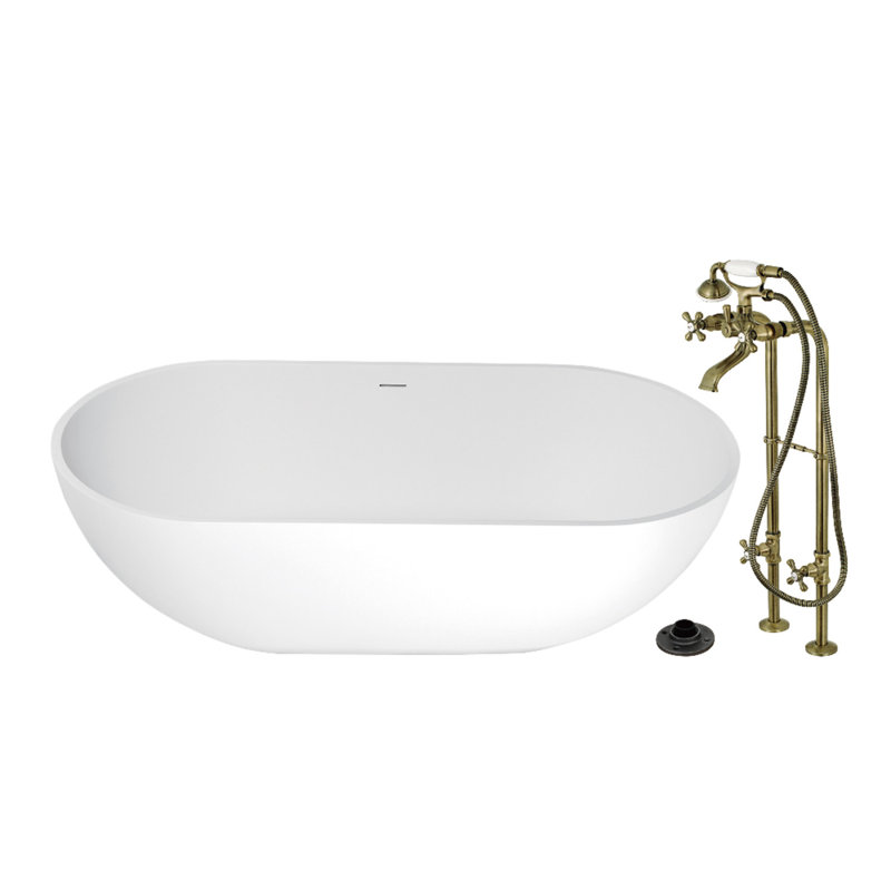 Kingston Brass Arcticstone 70-Inch Solid Surface Oval Double Ended Freestanding Tub With Faucet Combo And Drain