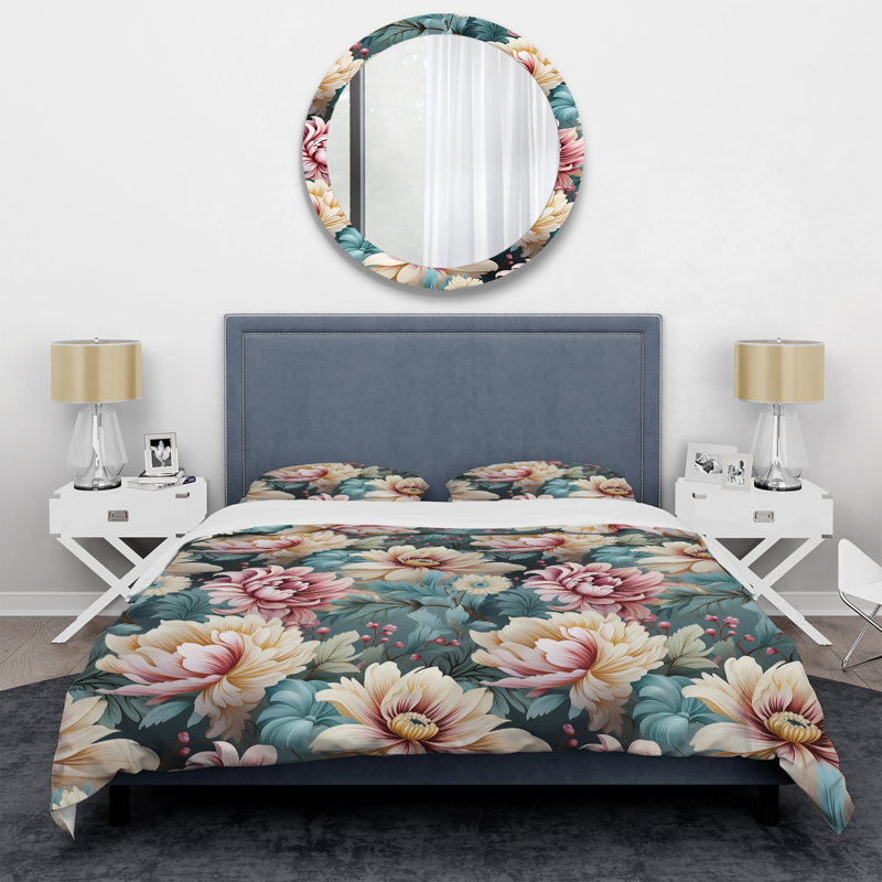 Blue And Pink Pastels Peonies Flowers Accent II Polyester Floral Duvet Cover Set, King Duvet Cover + 2 King Shams
