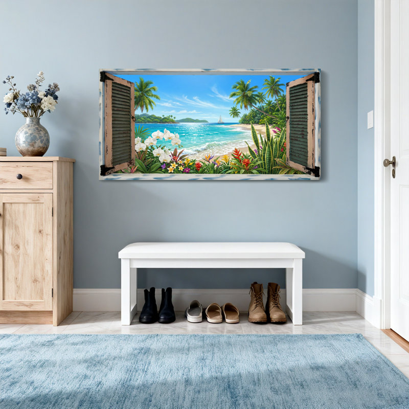 Landscape & Nature Tropical Beach View Through Window Shutter, 24" H x 48" W