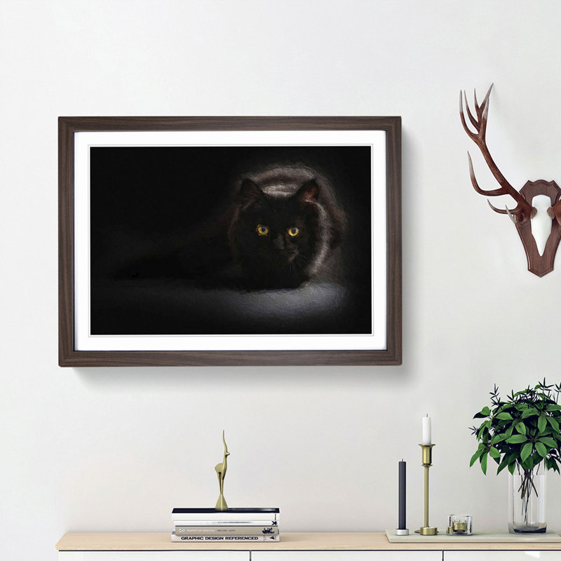Black Cat with Yellow Eyes - Picture Frame Art Print on MDF, Walnut Framed, 48cm H x 65cm W x 2cm D