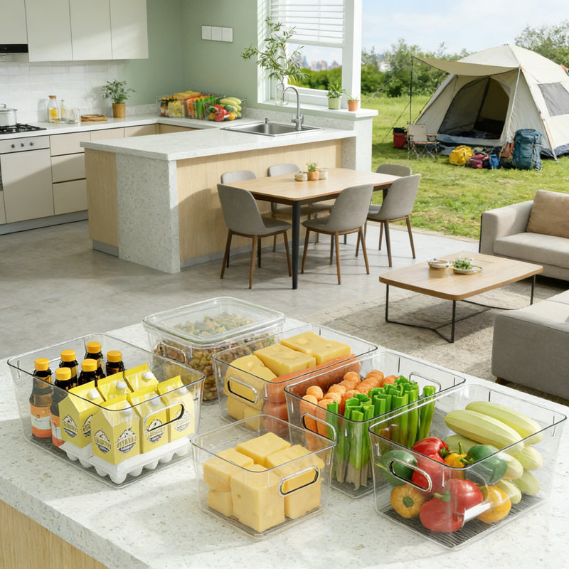 Bacs de rangement en plastique transparent avec poignées, organisateurs empilables sans BPA pour le garde-manger, le réfrigérateur, l'armoire, la cuisine, la salle de bain et l'organisation à la maison