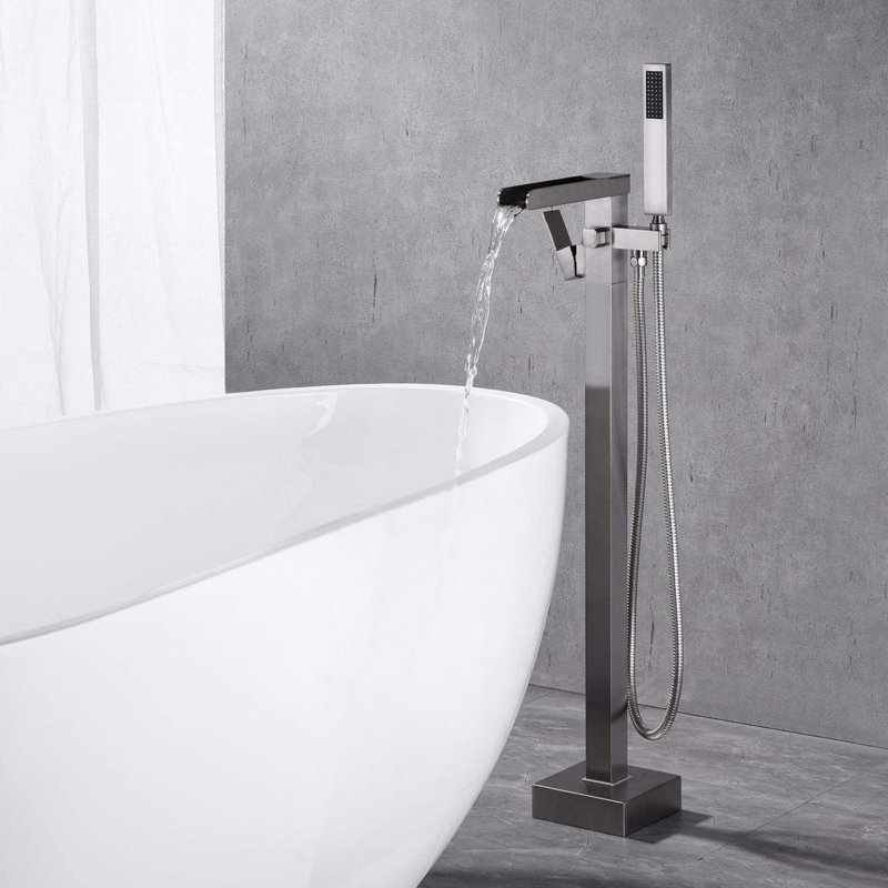 Bathroom Freestanding Waterfall Tub filler , Floor Mount Faucet with Hand Shower, Brushed Nickel
