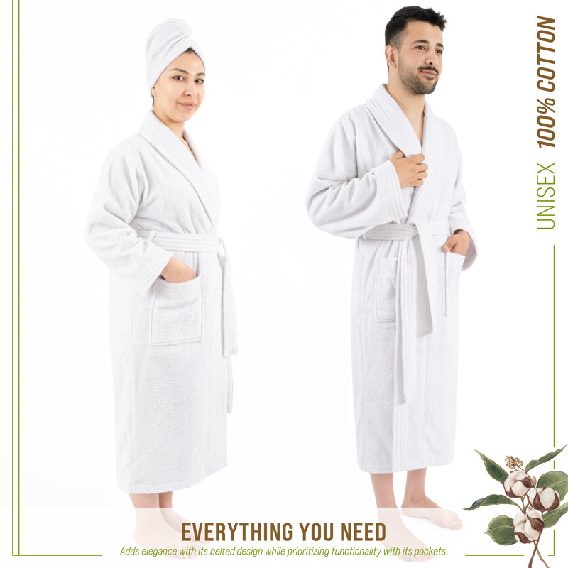 White Medium 100% Cotton Turkish Bathrobe for Couples