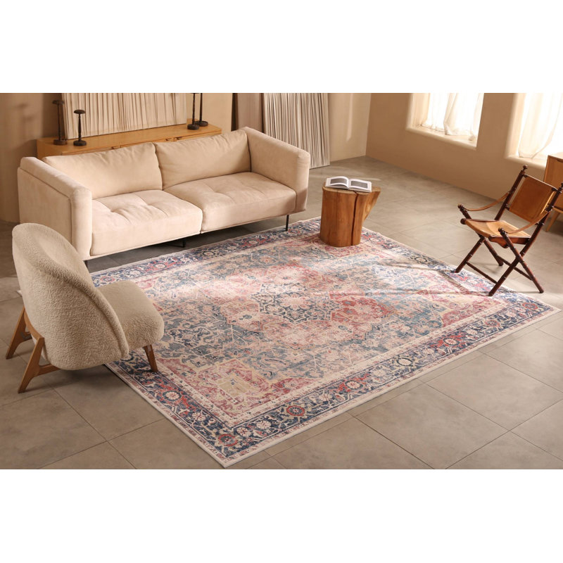 Octavia Distressed Vintage Oriental Ivory Machine Washable Area Rug, Octavia Brick, Rectangle 6' x 9'
