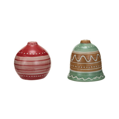 Ornement en grès peint à la main et sel et poivre en forme de cloche avec motif en relief de cire