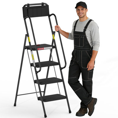 4 Step Ladder with Handrails, Folding Step Stool with Attachable Tool Bag & Anti-Slip Wide Pedal for Home Kitchen Pantry Office, 500lbs Capacity