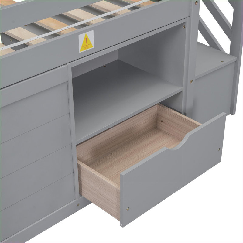 Lit mezzanine bas en bois massif, meubles de rangement pour chambre à coucher, pin massif gris classique avec escaliers et tiroirs intégrés