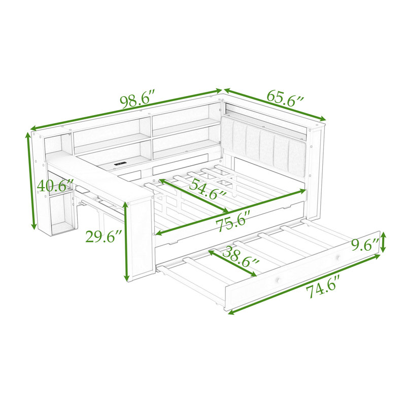 Full Wood Daybed with Trundle, LED Light, Desk, Shelves and Charging Station, White Beige