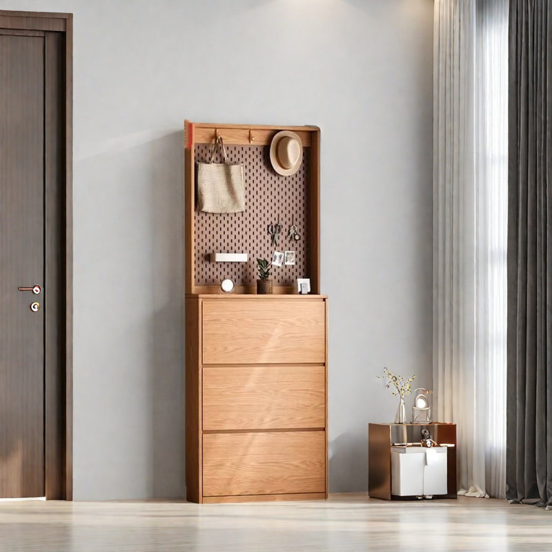 Wooden Coat Rack with Flip-Down Shoe Cabinet, Burlywood
