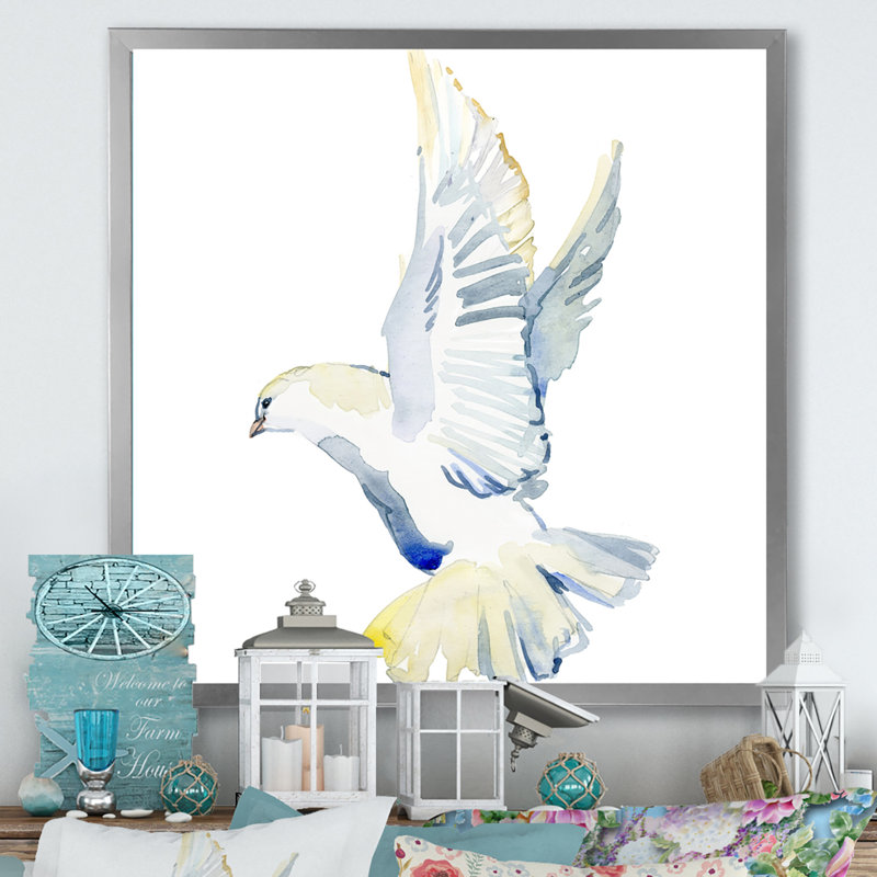 Colombe blanche en vol, Impression argent sur toile encadrée, H 30 po x l 30 po x P 1 po