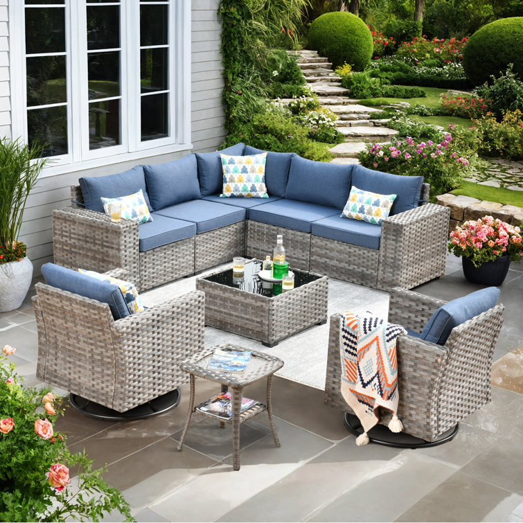 Baili 7 - Person Outdoor Wicker/Rattan Sectional Seating Group with Swivel Chairs, Modern Modular Conversation Set with Cushions