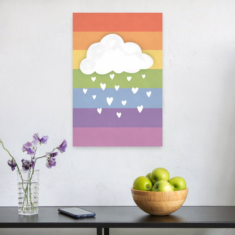 Rainbow Cloud Hearts Colorful Peaceful Playful Landscape Nature Wall Art Print 1 Piece Wrapped Canvas Wall Art