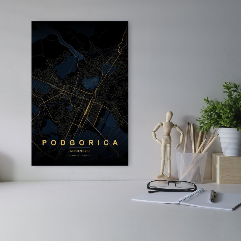 Podgorica Golden City Map Abstract Elegant Minimalist City Wall Art Print 1 Piece Wrapped Canvas Wall Art