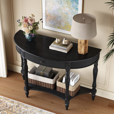 Console demi-lune en bois massif avec tiroir et tablette, table d'entrée incurvée à cannelures rétro pour vestibule de couloir, meubles d'appoint peu encombrants avec pieds romains sculptés