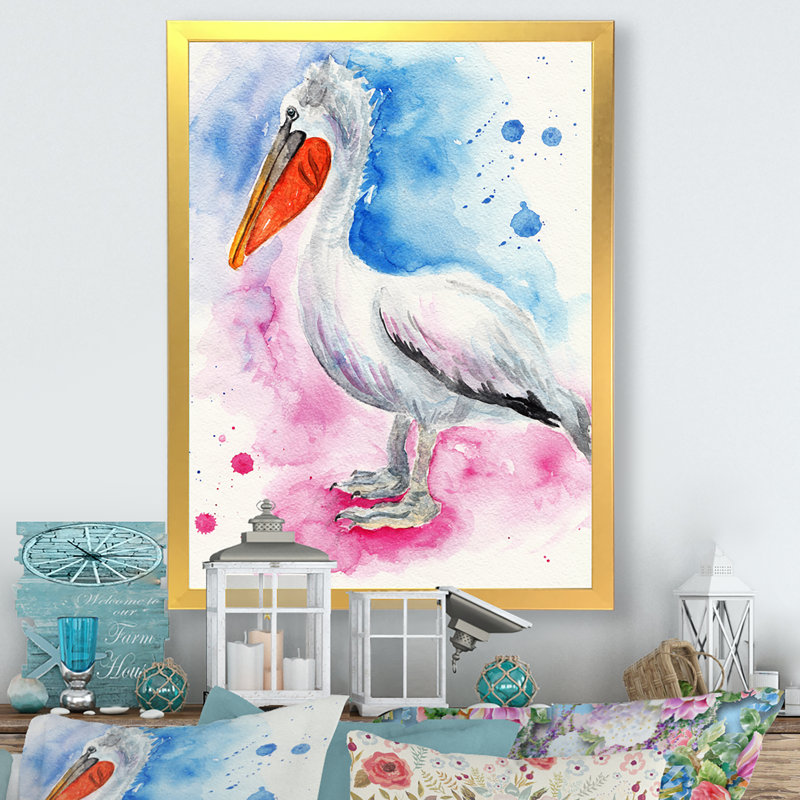 Pélican bleu et rose, Impression dorée sur toile encadrée, H 32 po x l 16 po x P 1 po