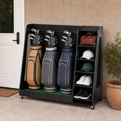 Organisateur de golf en bois à roulettes pour 2 sacs, support de rangement mobile pour équipement de golf avec étagères à plusieurs niveaux pour garage, sous-sol et remise de jardin, noir