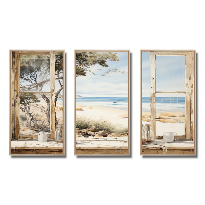 «Beachside Cottage Charm I - Coastal Windows», art mural, Cadre flottant brun, H 32 po x l 48 po x P 1 po