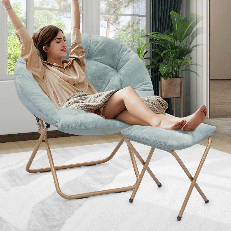 Cozy Saucer Chairs with Footrest Ottoman, Foldable Papasan Chairs Lounge Chairs for Bedroom Living Room, Teal