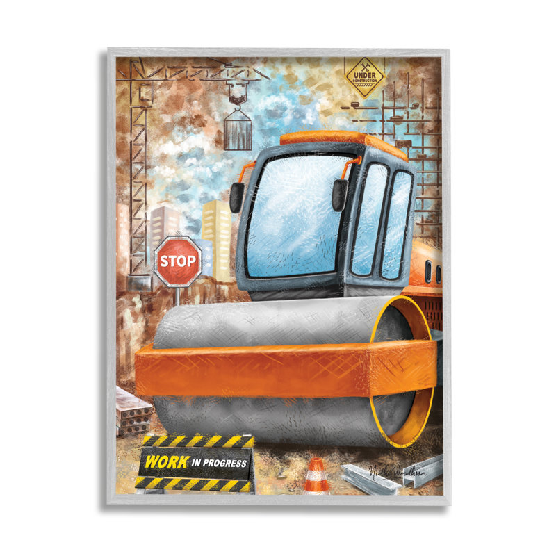 «Construction Work Scene On Wood» par Nidhi Wadhwa, reproduction, H 14 po x l 11 po x P 1,5 po, Estampe numérique Farmhouse