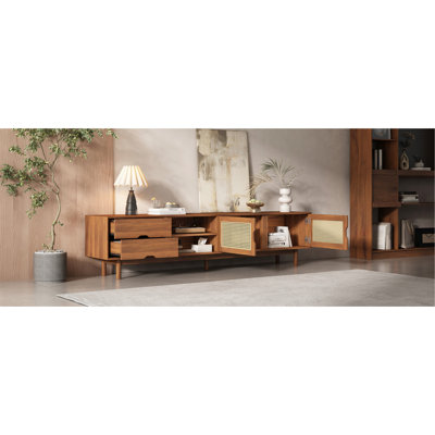 Meuble télé avec panneaux et pieds en bois massif, 78 po pour 75 à 85 téléviseurs, console média pratique, espace de vie devant les téléviseurs jusqu'à un pouce, style contemporain