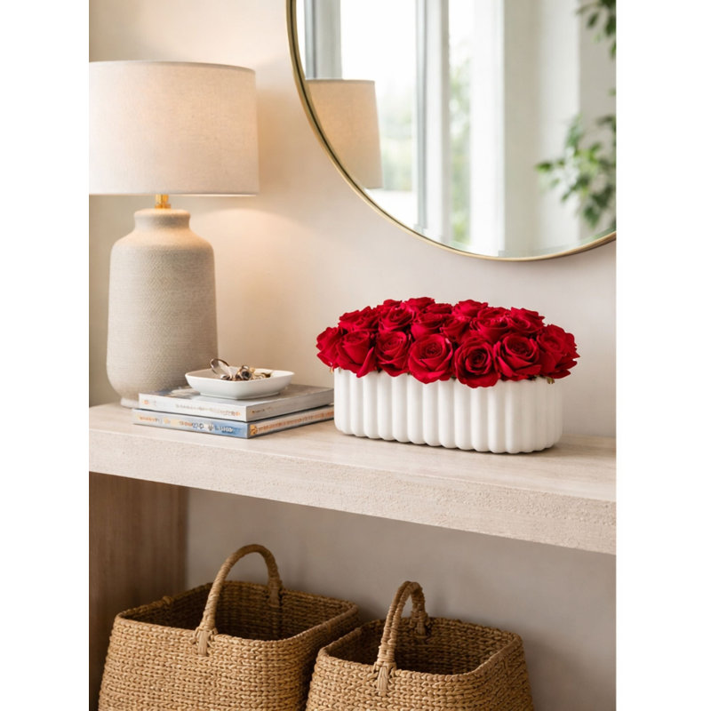 Faux Rose Arrangement in White Vessel