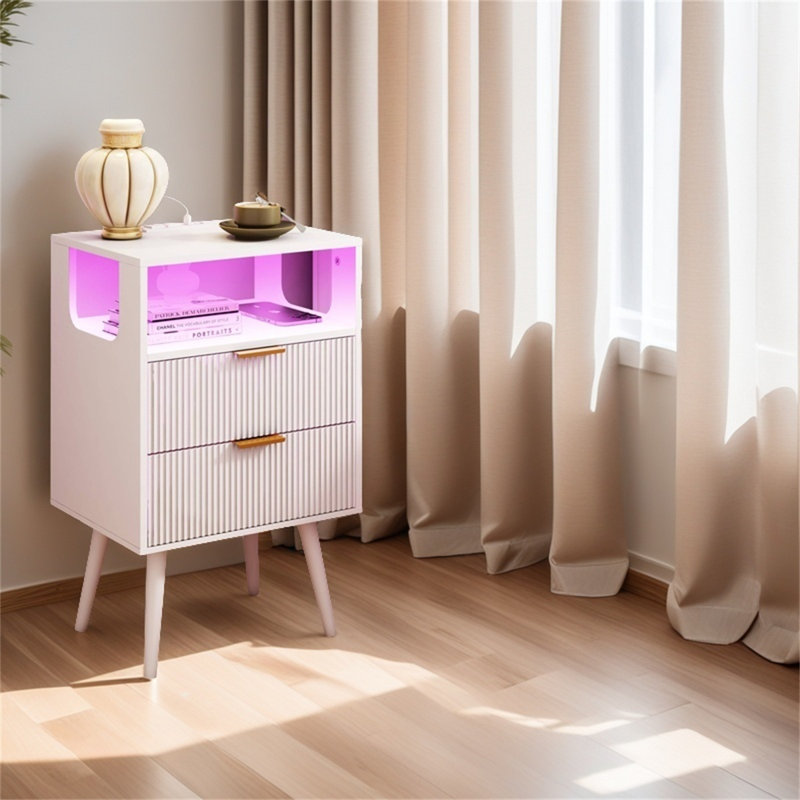 Table de chevet moderne avec station de charge et lumière DEL - 2 tiroirs de rangement, Blanc