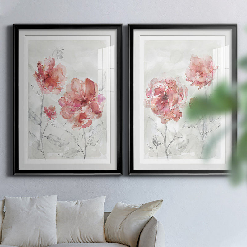 «Blush Botanical I», ensemble de 2 reproductions d'art, Papier encadré noir, Blanc, H 26,5 po x l 73 po x P 1,5 po