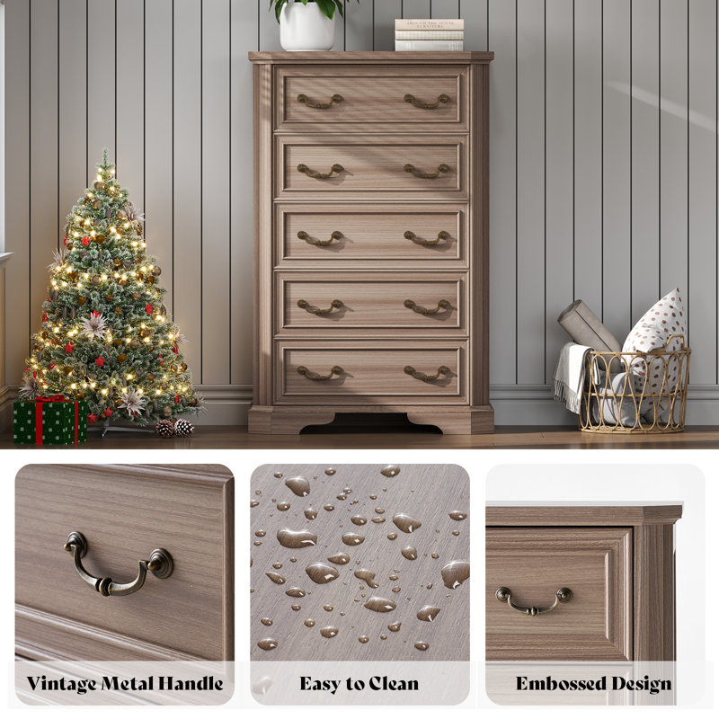 Coghiel 5 Drawer 31.5" W Farmhouse Wooden Dresser, Gray, Gray