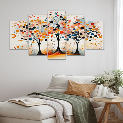 Autumn Orange & Blue Tree Seasons Reflections I - Abstract Midcentury Wall Art Living Room Set