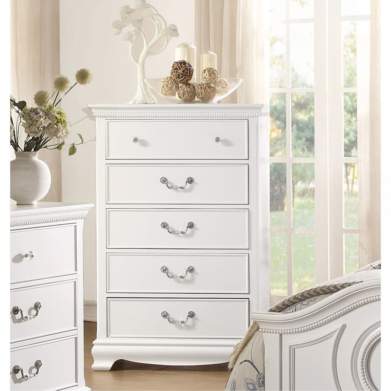 1 pièce commode pour table de chevet, 5 tiroirs en queue d'aronde, meubles de chambre à coucher en bois, poignées et poignées en nickel, blanc