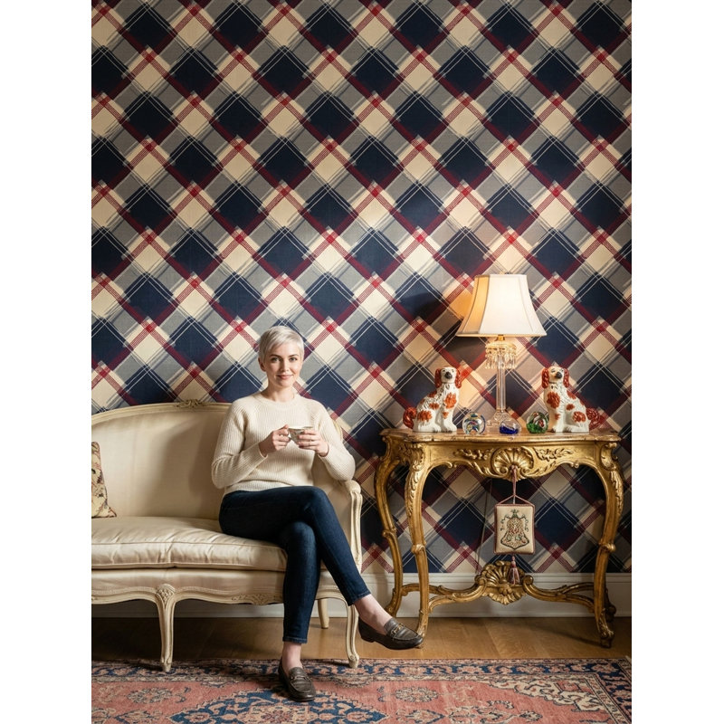 Papier peint à carreaux bleu marine tartan, Texturé non collé