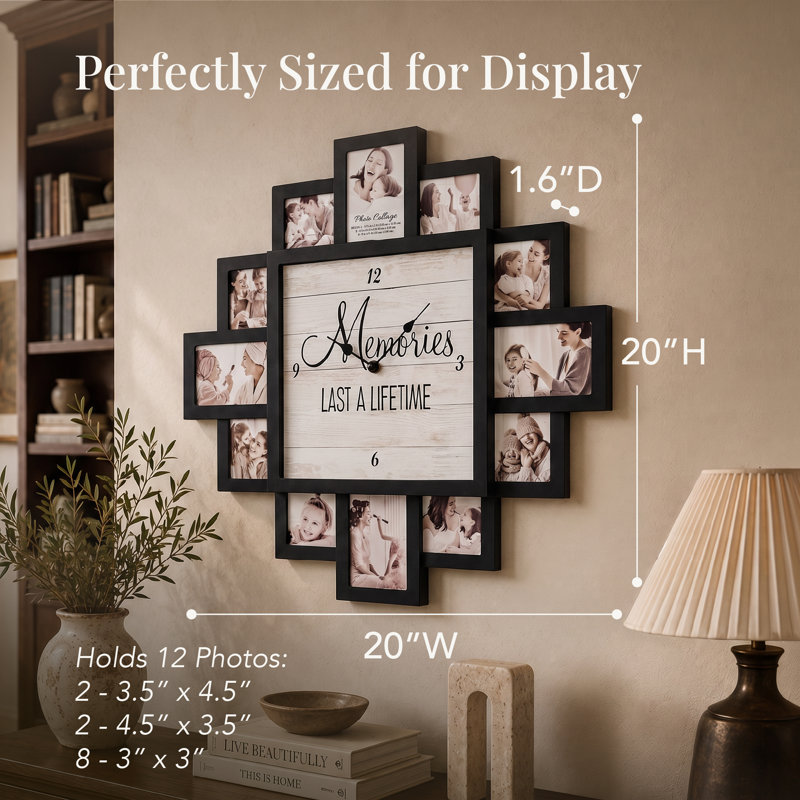 "Memories" 20" x 20" Photo Collage Wall Clock, Black Farmhouse Picture Frame Holds 12 Photos, Battery Operated Family Memory Display for Nursery, Baby Room, Kids Bedroom, Living Room & Wall Decor
