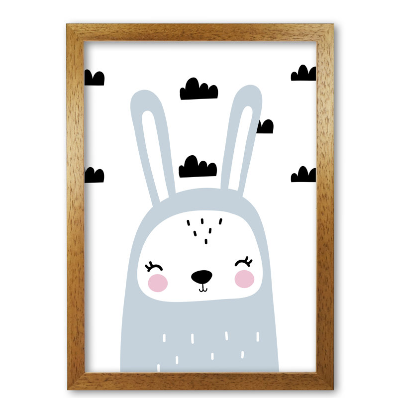 Blue Scandi Bunny With Clouds - Painting, 85 cm H x 60 cm W x 5 cm D, Honey Oak Frame